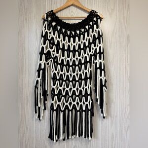 Méchant Black & White Chunky Open-Knit Fringe Dress / Cover-Up | Size M EUC
